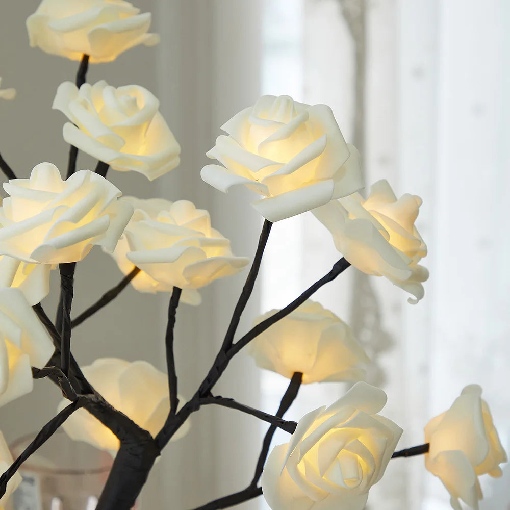 LED Table Lamp designed as a rose flower tree with warm white lights, showcasing a unique bonsai style for home decor.
