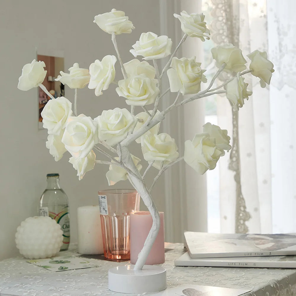 LED Table Lamp designed as a rose flower tree with warm white lights, showcasing a unique bonsai style for home decor.