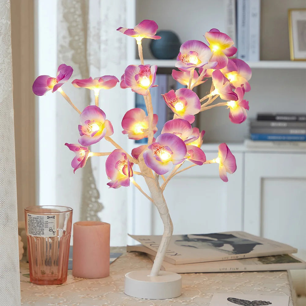 LED Table Lamp designed as a rose flower tree with warm white lights, showcasing a unique bonsai style for home decor.