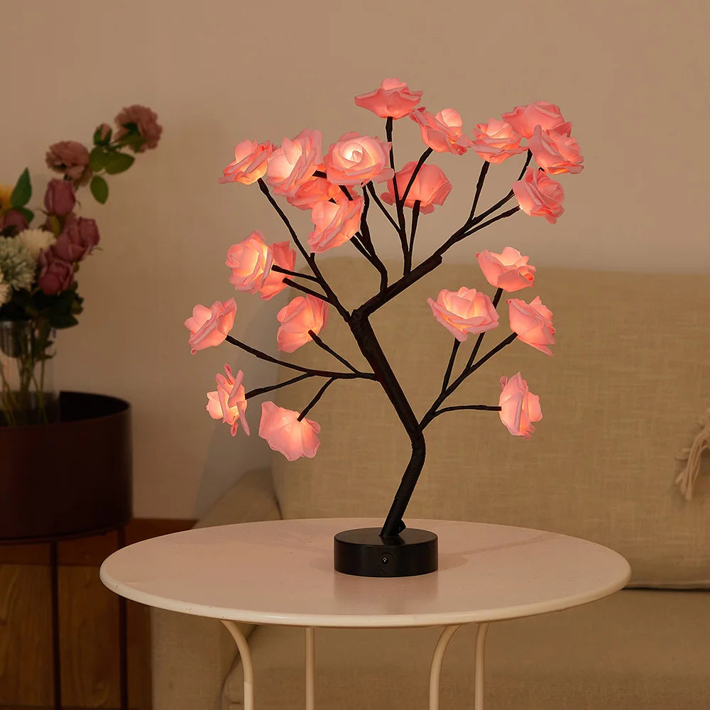 LED Table Lamp designed as a rose flower tree with warm white lights, showcasing a unique bonsai style for home decor.