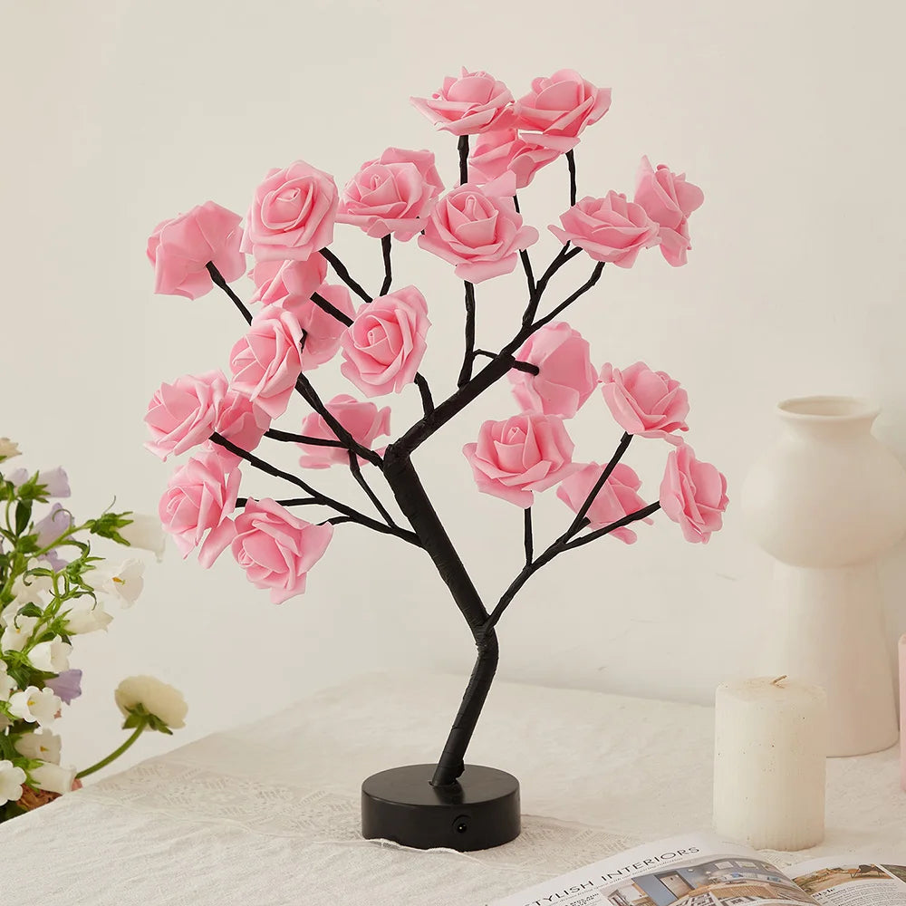 LED Table Lamp designed as a rose flower tree with warm white lights, showcasing a unique bonsai style for home decor.