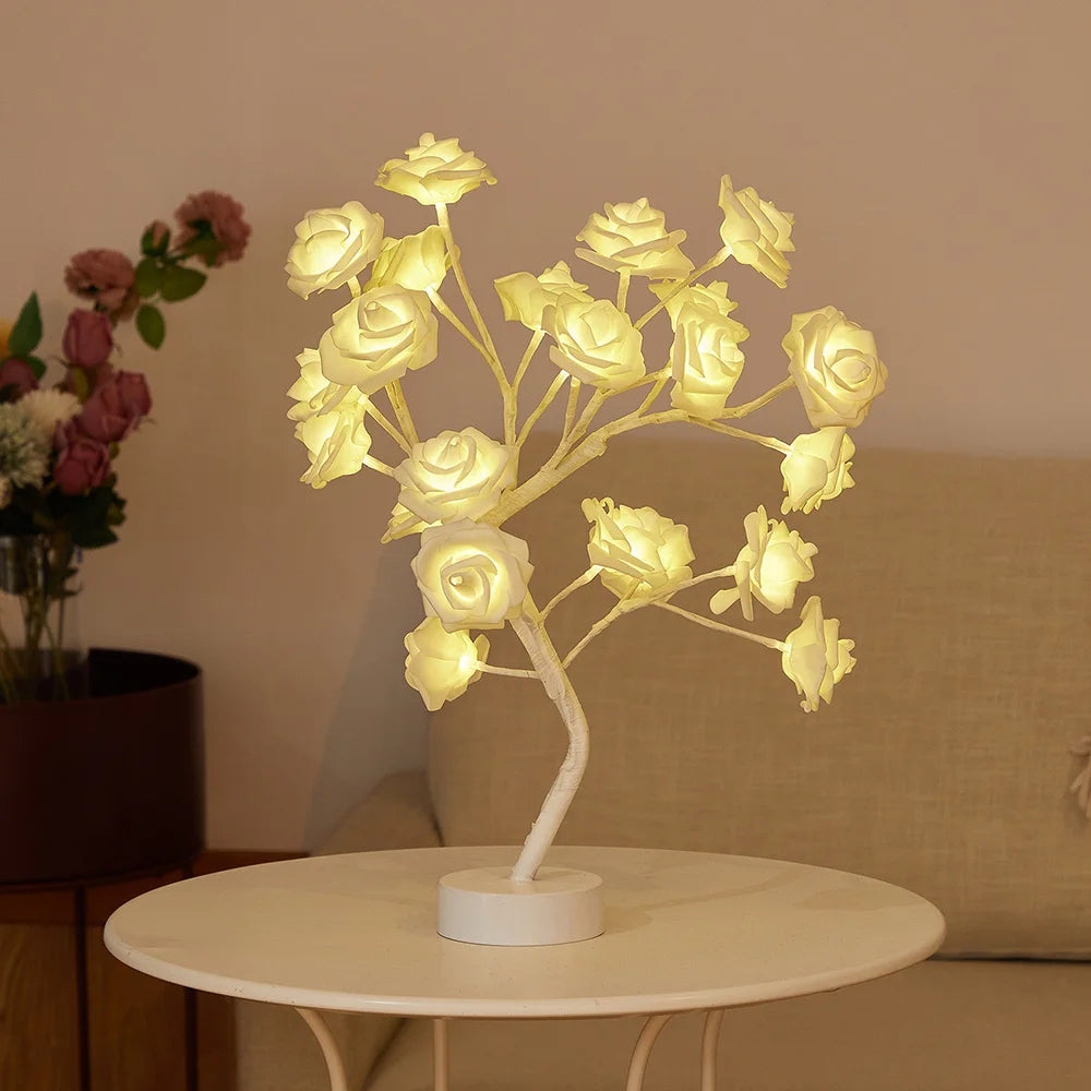 LED Table Lamp designed as a rose flower tree with warm white lights, showcasing a unique bonsai style for home decor.
