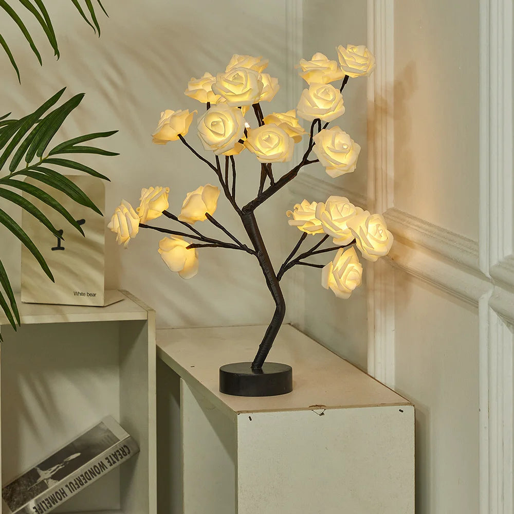 LED Table Lamp designed as a rose flower tree with warm white lights, showcasing a unique bonsai style for home decor.