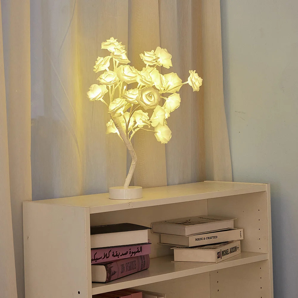 LED Table Lamp designed as a rose flower tree with warm white lights, showcasing a unique bonsai style for home decor.