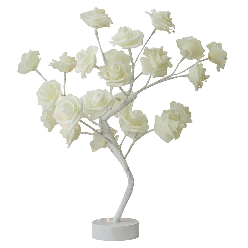 LED Table Lamp designed as a rose flower tree with warm white lights, showcasing a unique bonsai style for home decor.
