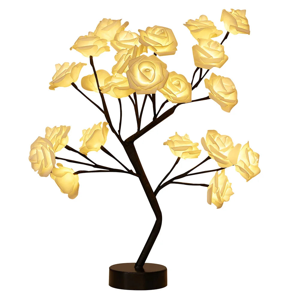 LED Table Lamp designed as a rose flower tree with warm white lights, showcasing a unique bonsai style for home decor.