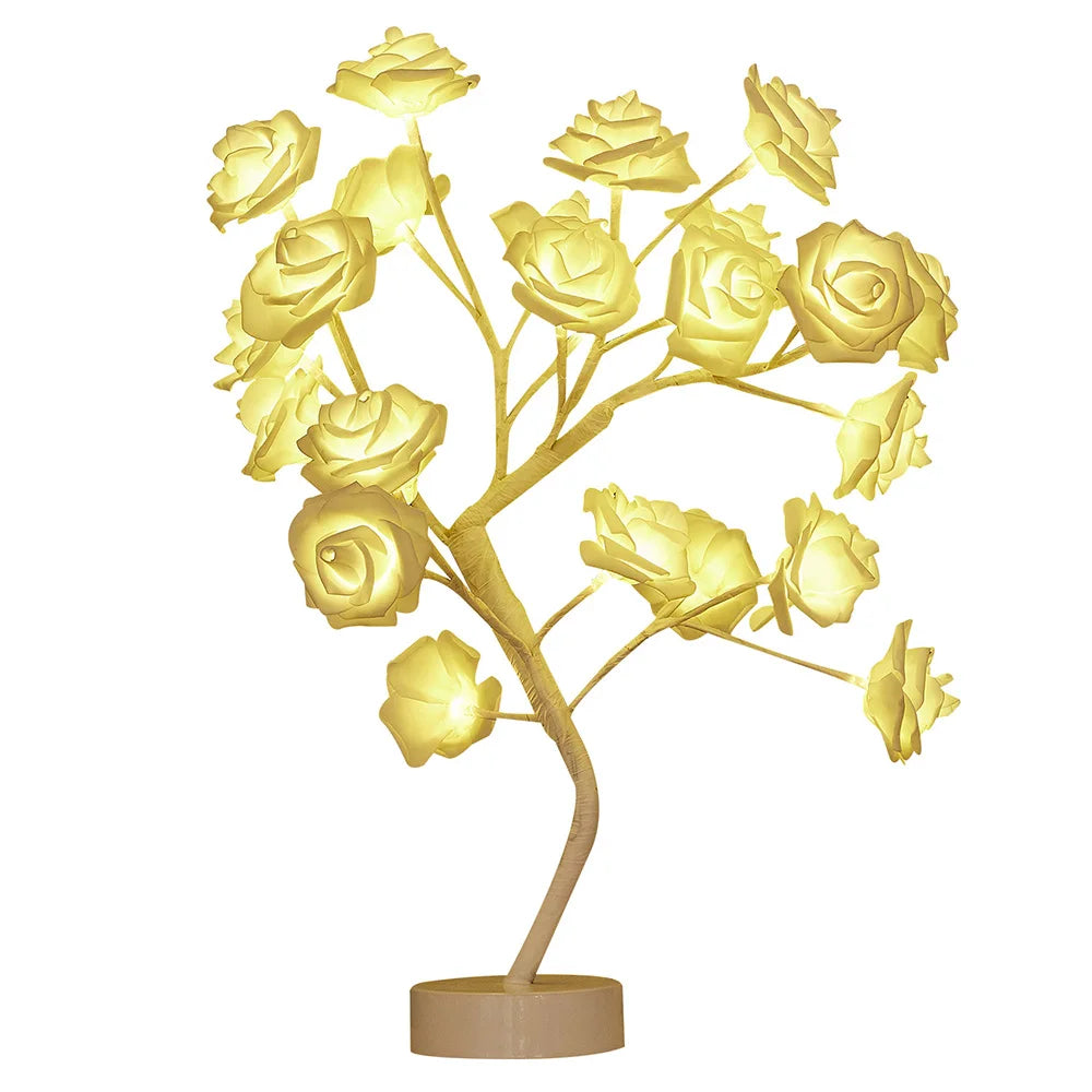 LED Table Lamp designed as a rose flower tree with warm white lights, showcasing a unique bonsai style for home decor.