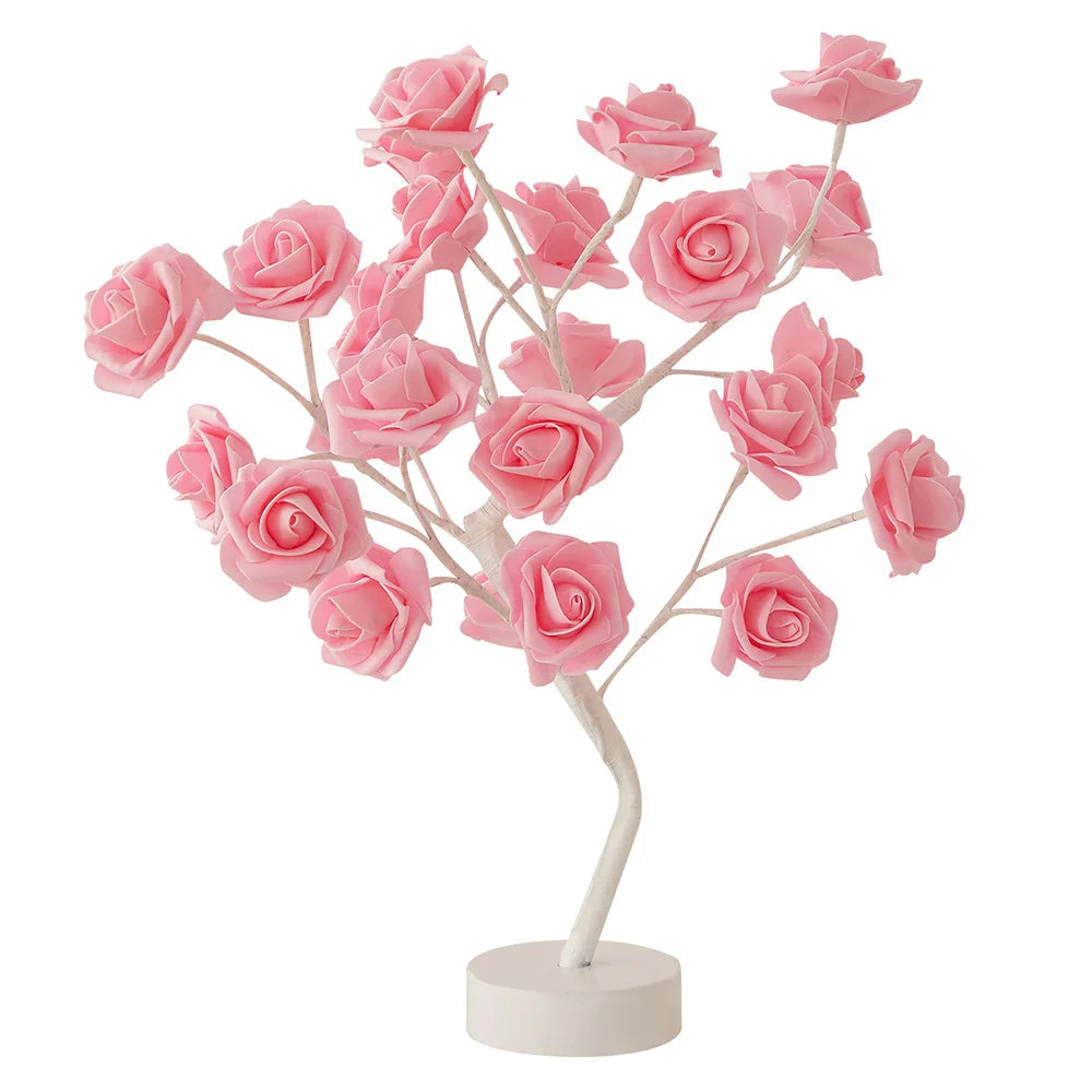 LED Table Lamp designed as a rose flower tree with warm white lights, showcasing a unique bonsai style for home decor.