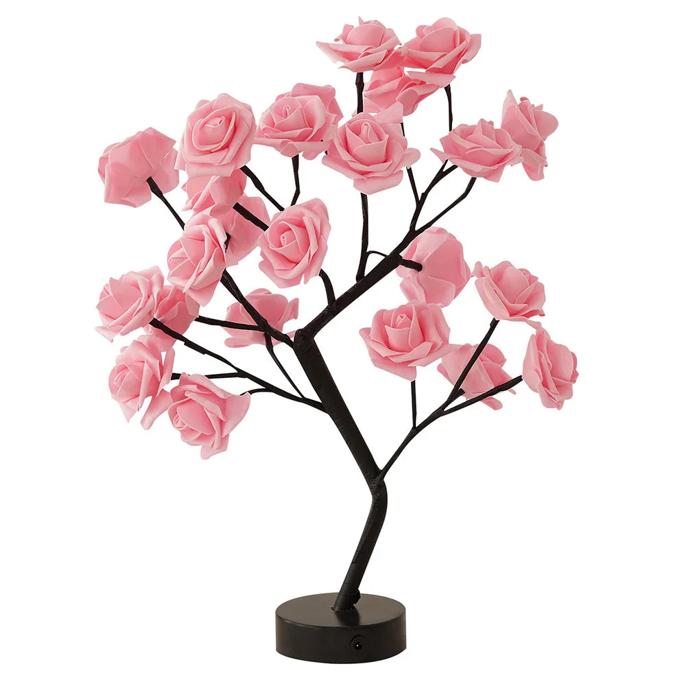 LED Table Lamp designed as a rose flower tree with warm white lights, showcasing a unique bonsai style for home decor.