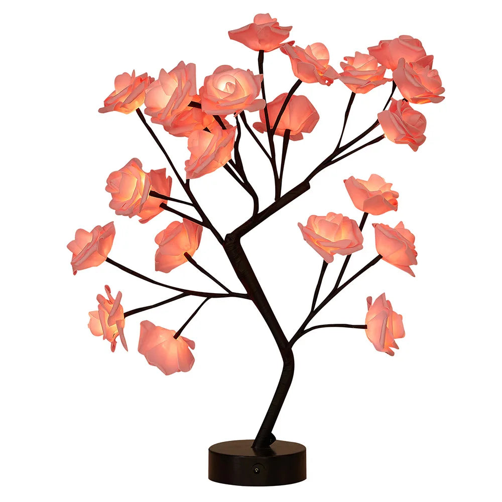 LED Table Lamp designed as a rose flower tree with warm white lights, showcasing a unique bonsai style for home decor.