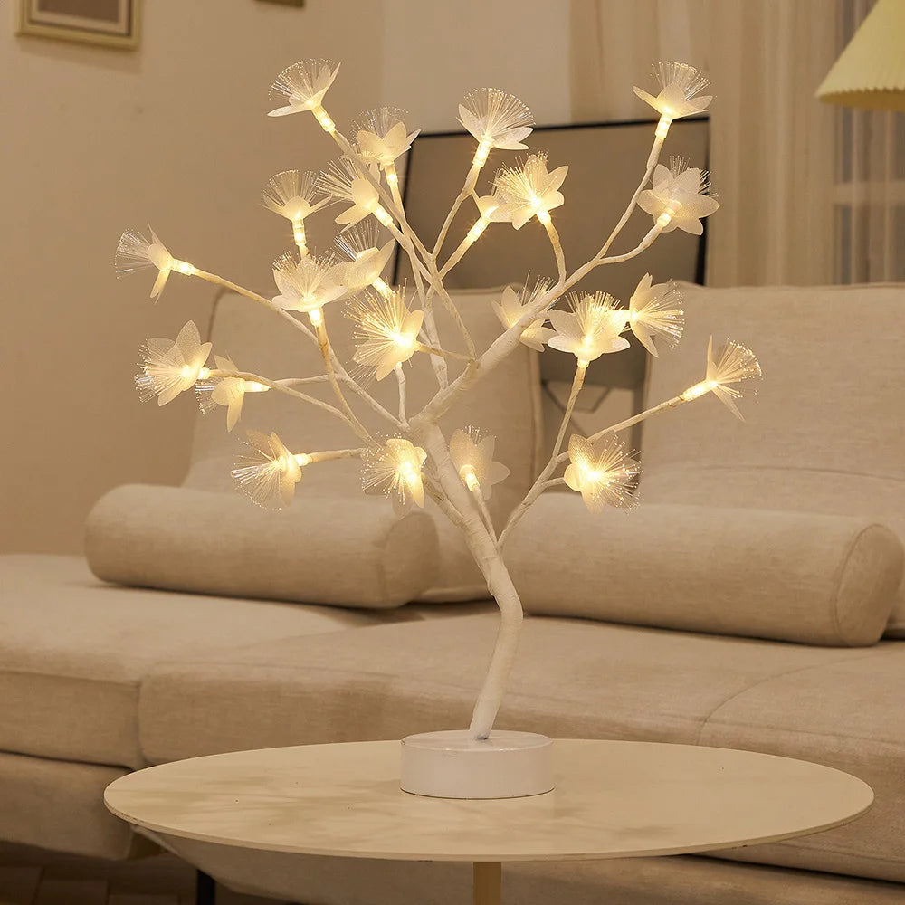 LED Table Lamp designed as a rose flower tree with warm white lights, showcasing a unique bonsai style for home decor.