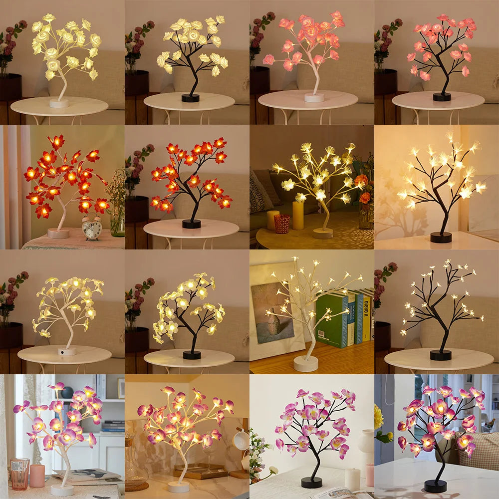 LED Table Lamp designed as a rose flower tree with warm white lights, showcasing a unique bonsai style for home decor.