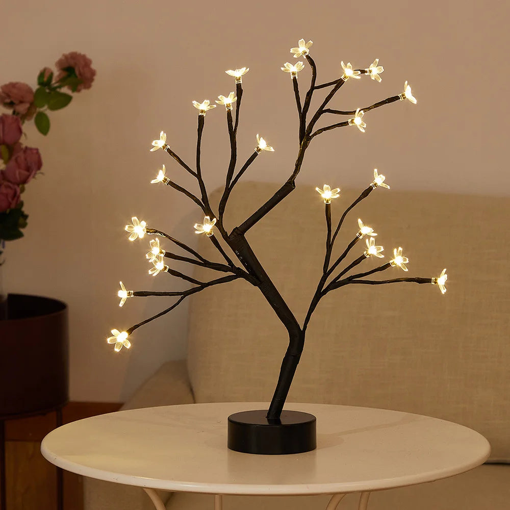 LED Table Lamp designed as a rose flower tree with warm white lights, showcasing a unique bonsai style for home decor.
