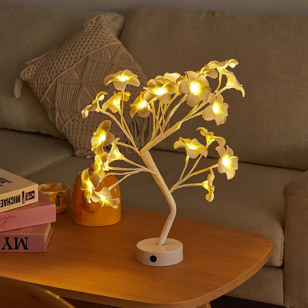 LED Table Lamp designed as a rose flower tree with warm white lights, showcasing a unique bonsai style for home decor.