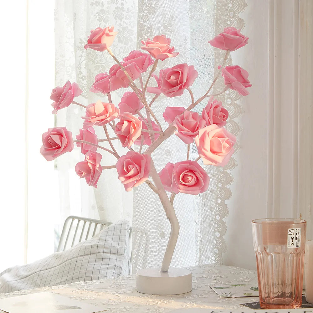LED Table Lamp designed as a rose flower tree with warm white lights, showcasing a unique bonsai style for home decor.