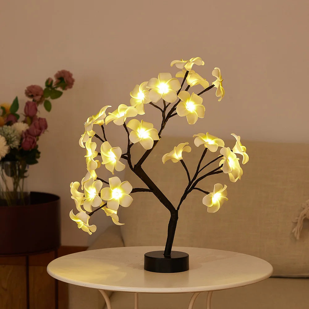 LED Table Lamp designed as a rose flower tree with warm white lights, showcasing a unique bonsai style for home decor.