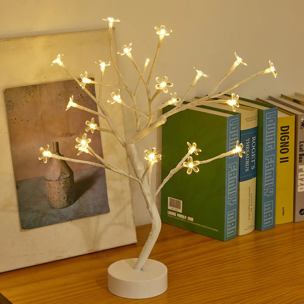 LED Table Lamp designed as a rose flower tree with warm white lights, showcasing a unique bonsai style for home decor.