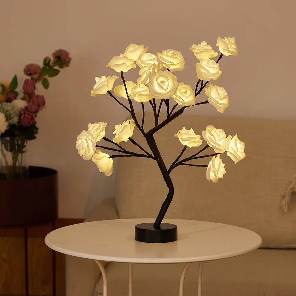 LED Table Lamp designed as a rose flower tree with warm white lights, showcasing a unique bonsai style for home decor.