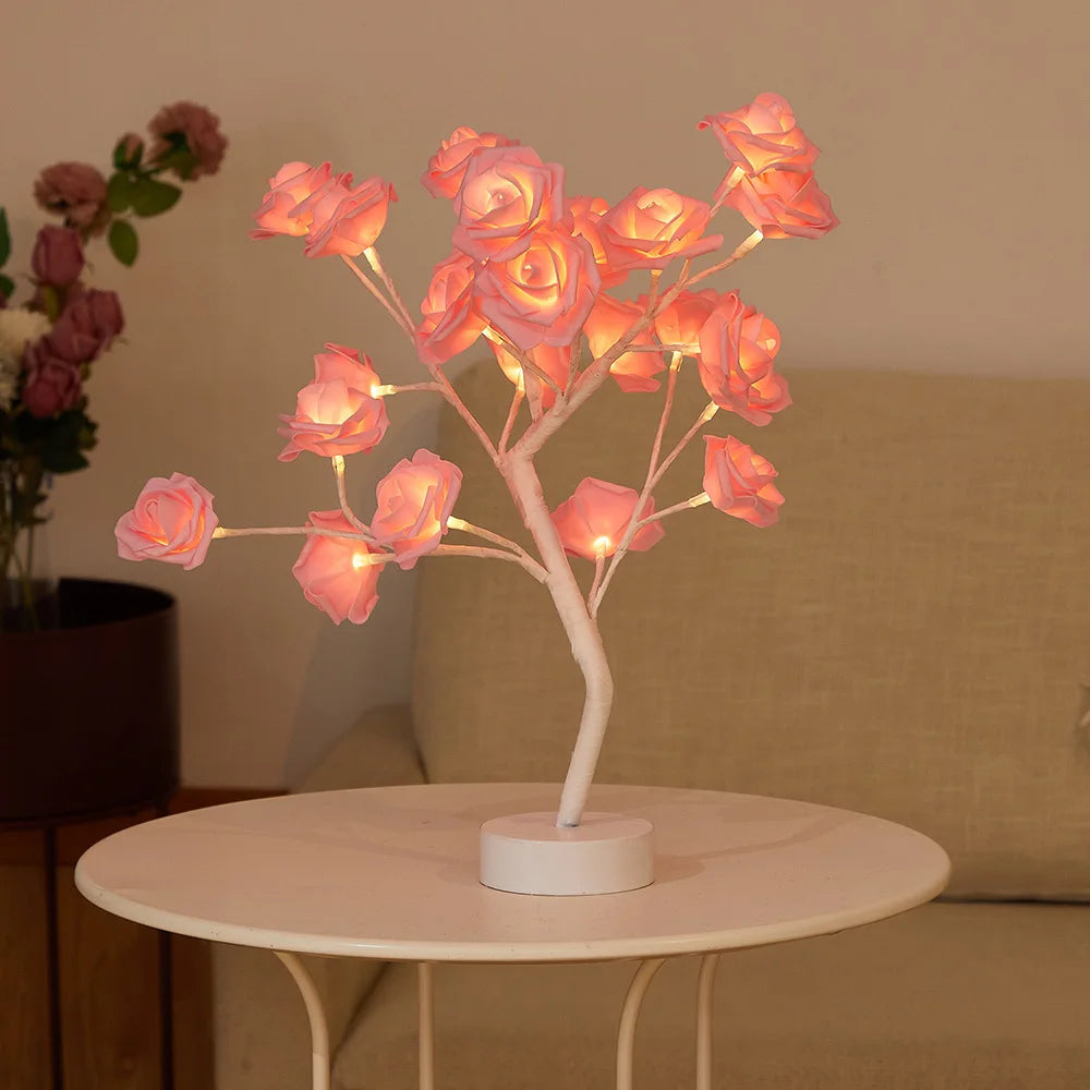 LED Table Lamp designed as a rose flower tree with warm white lights, showcasing a unique bonsai style for home decor.