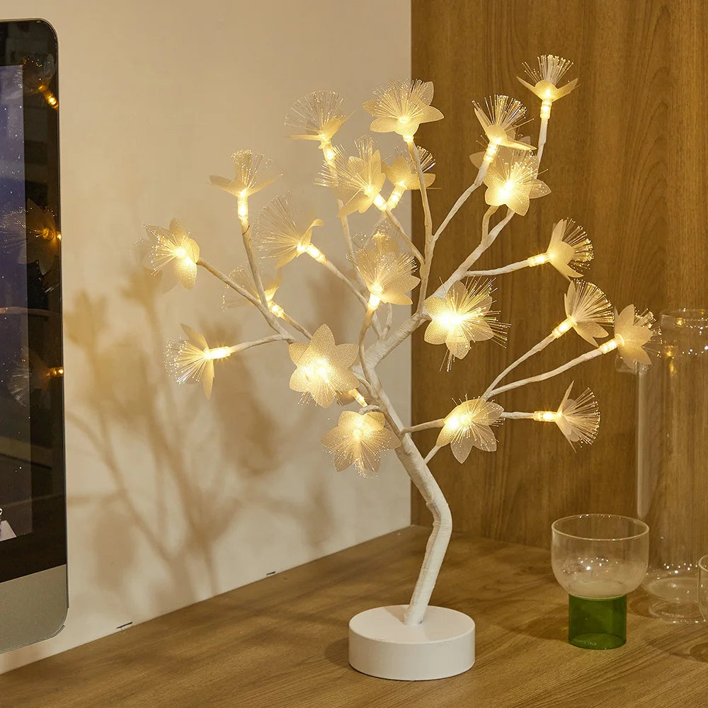 LED Table Lamp designed as a rose flower tree with warm white lights, showcasing a unique bonsai style for home decor.