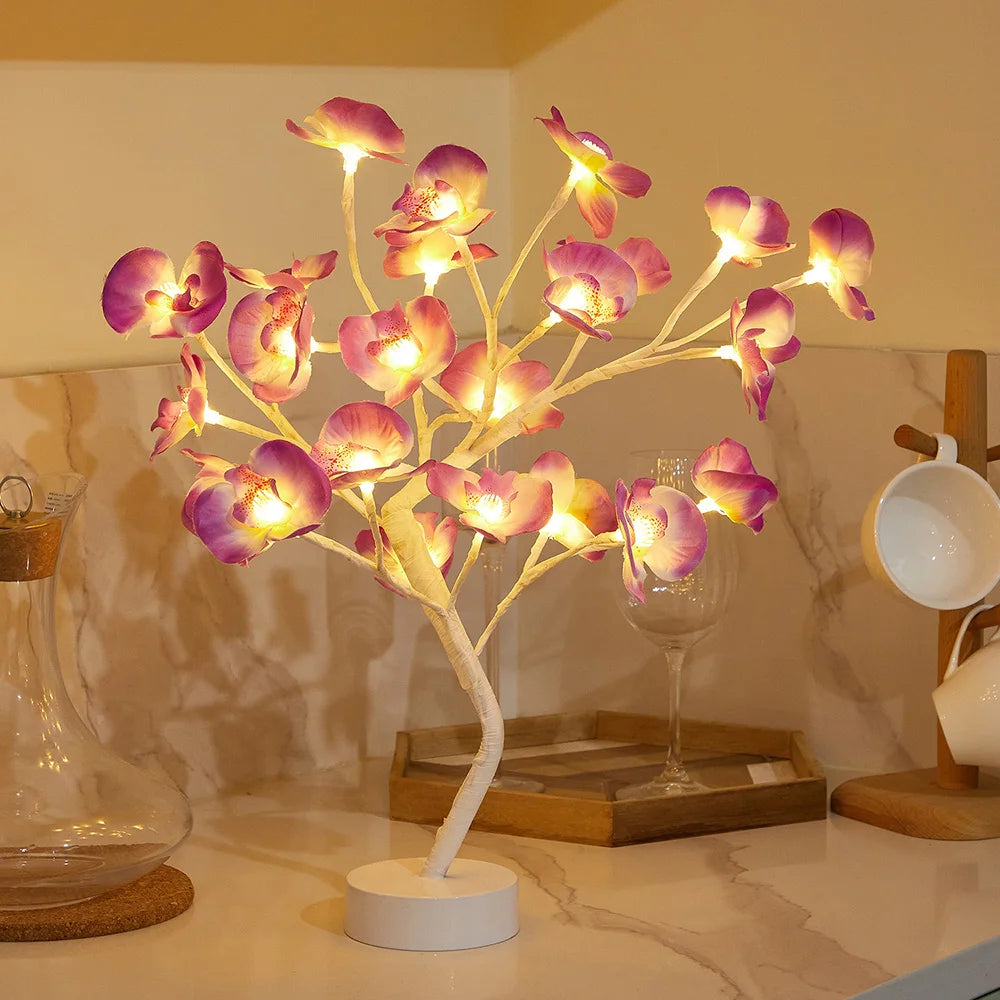 LED Table Lamp designed as a rose flower tree with warm white lights, showcasing a unique bonsai style for home decor.