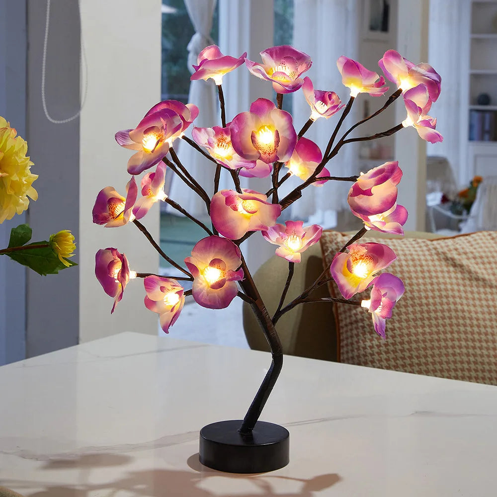 LED Table Lamp designed as a rose flower tree with warm white lights, showcasing a unique bonsai style for home decor.