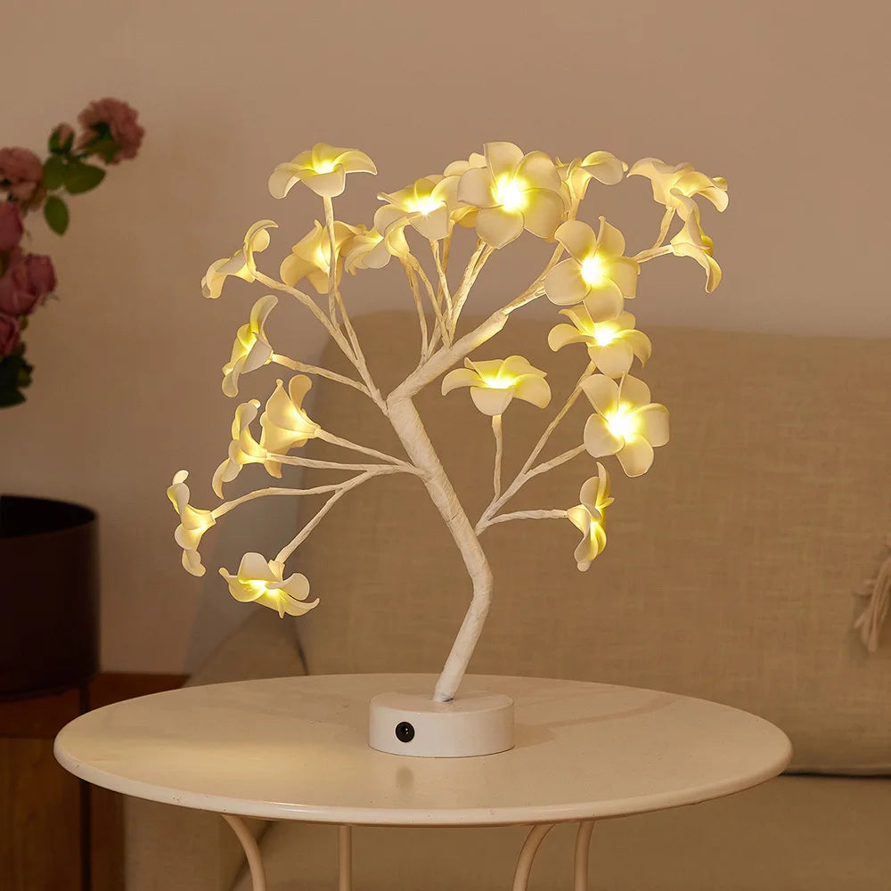LED Table Lamp designed as a rose flower tree with warm white lights, showcasing a unique bonsai style for home decor.