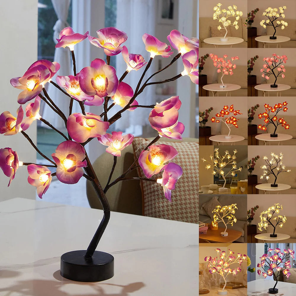LED Table Lamp designed as a rose flower tree with warm white lights, showcasing a unique bonsai style for home decor.