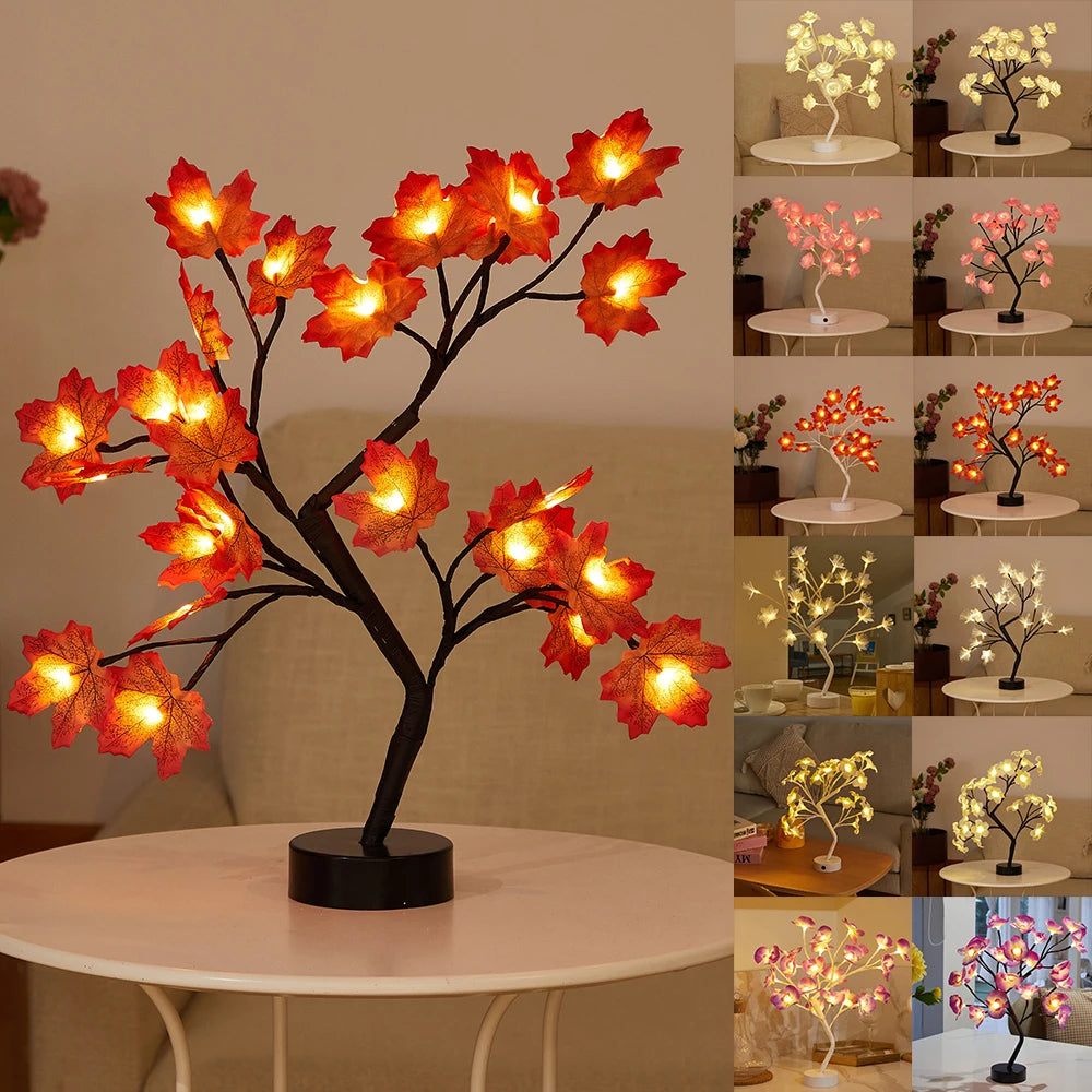 LED Table Lamp designed as a rose flower tree with warm white lights, showcasing a unique bonsai style for home decor.