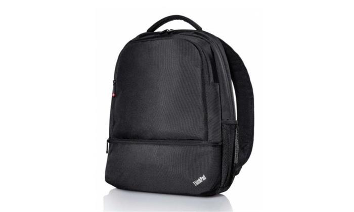 LENOVO Essential Backpack in black, designed for 15.6-inch notebooks, featuring ergonomic shoulder straps and multiple storage pockets.