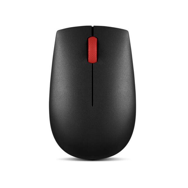 LENOVO Essentials Compact Wireless Mouse in sleek black design with a nano receiver, showcasing its ergonomic shape and compact size.