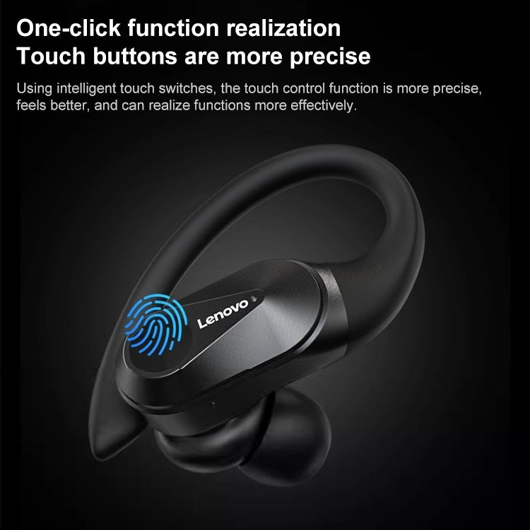 Lenovo LP75 IPX5 Waterproof Ear-mounted Bluetooth Earphones with LED power display, showcasing a sleek design and comfortable fit.