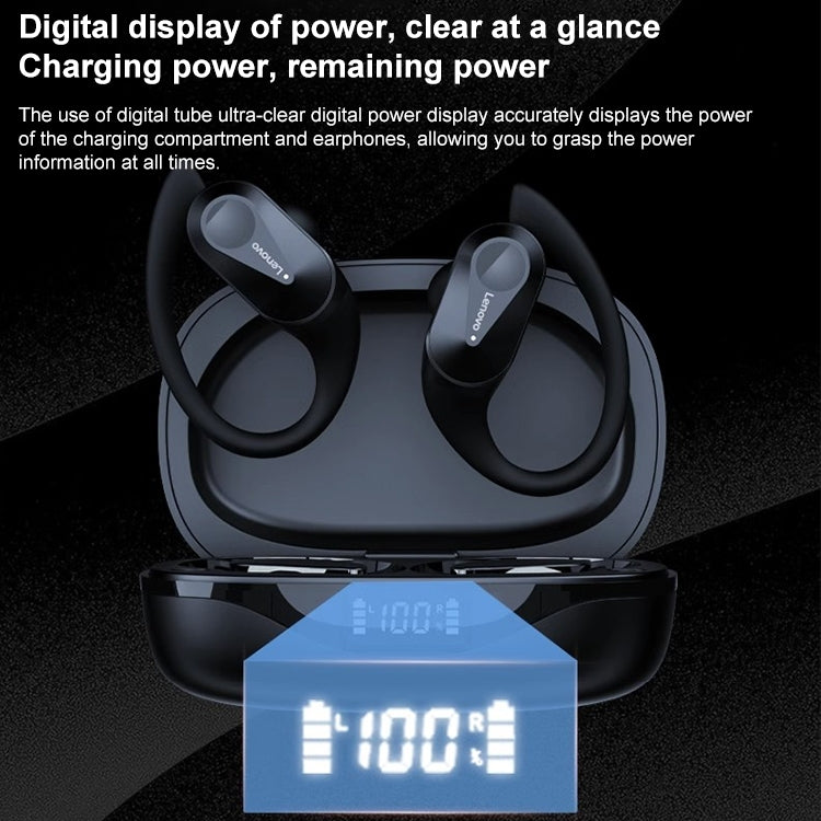 Lenovo LP75 IPX5 Waterproof Ear-mounted Bluetooth Earphones with LED power display, showcasing a sleek design and comfortable fit.