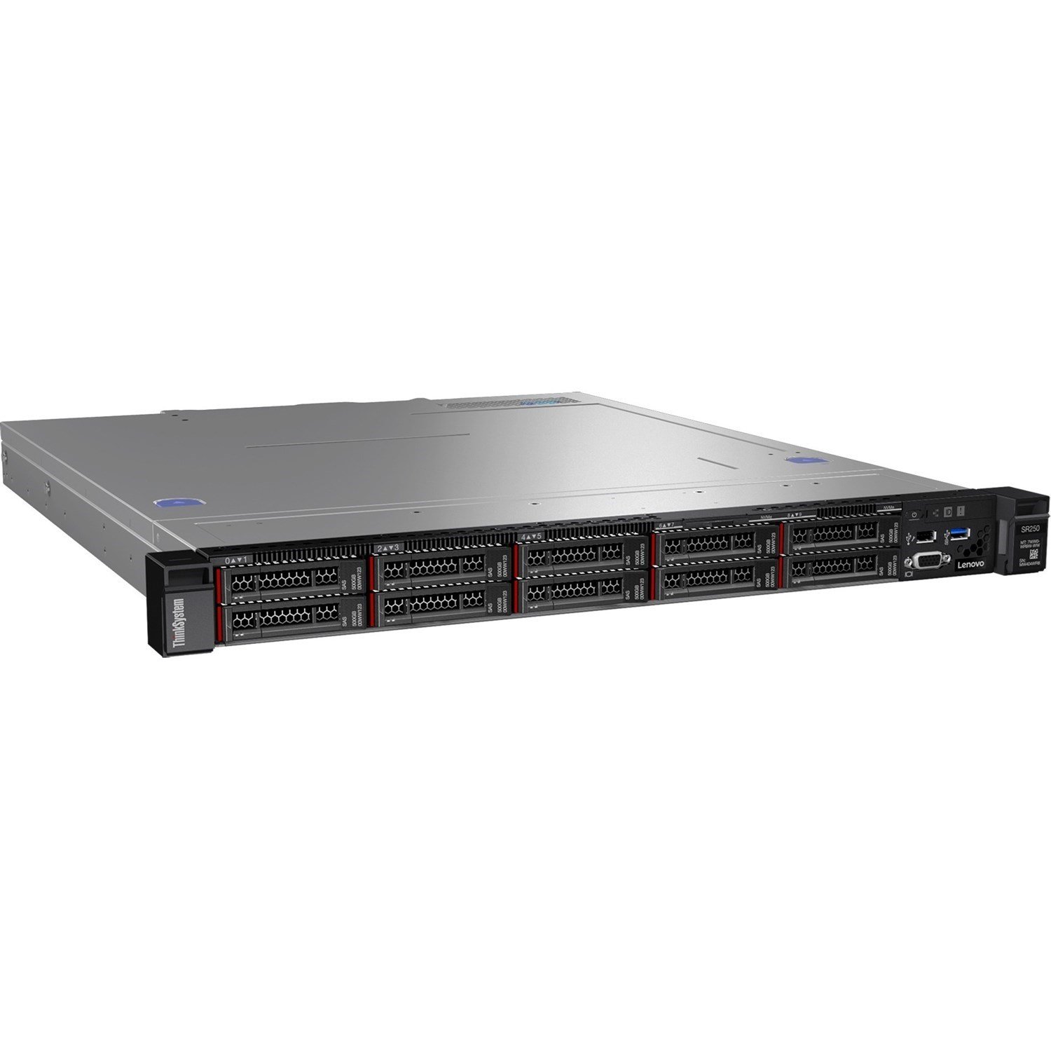 LENOVO ThinkSystem SR250 1U Rack Server featuring Intel Xeon E-2126G processor and four 3.5-inch hot-swap bays.
