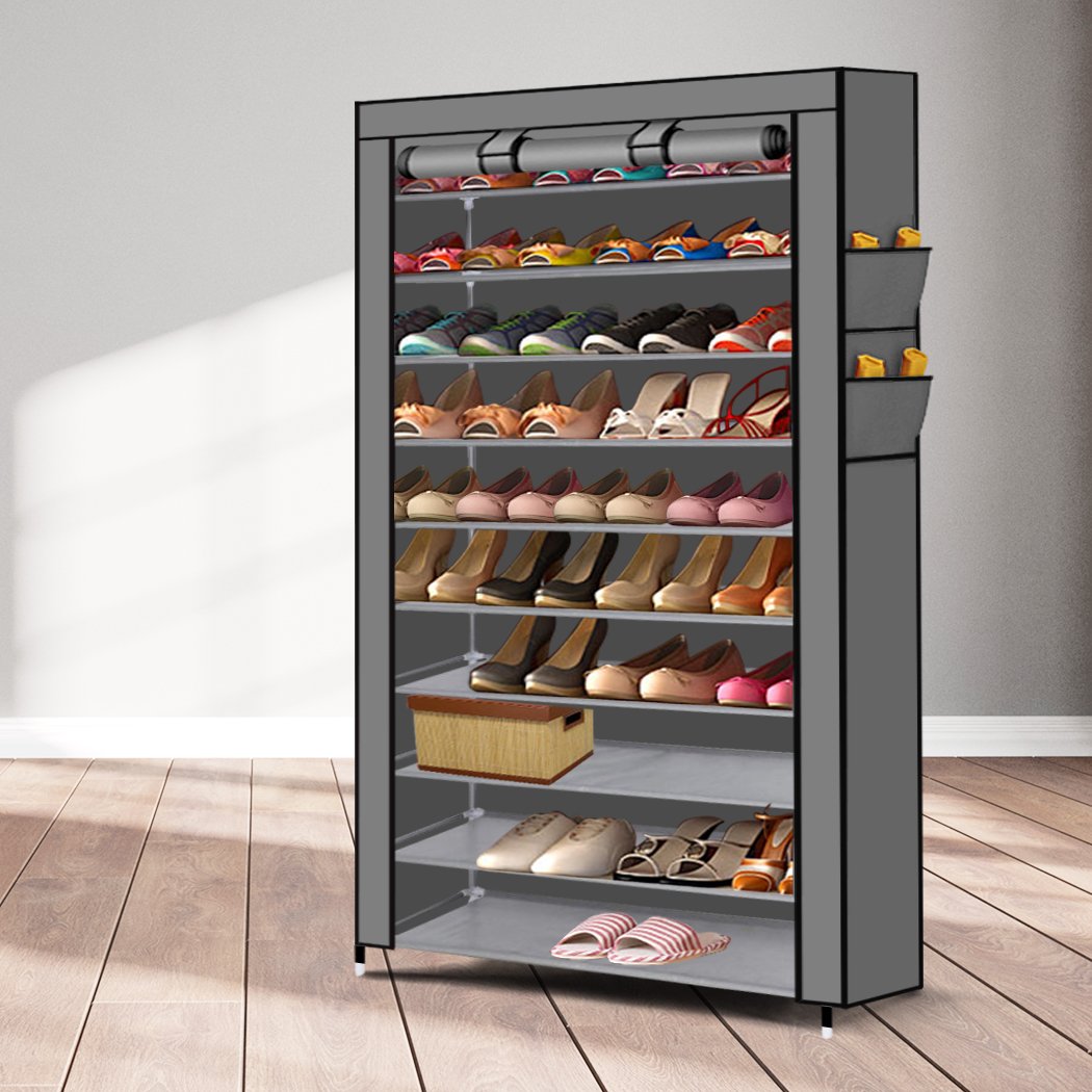 Levede 10 Tier Shoe Rack in grey, showcasing adjustable shelves and side pockets for storage.