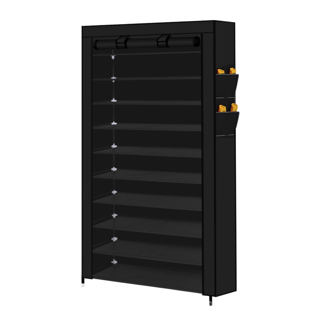 Levede 10 Tier Shoe Rack in black, showcasing multiple tiers for shoe storage with side pockets.