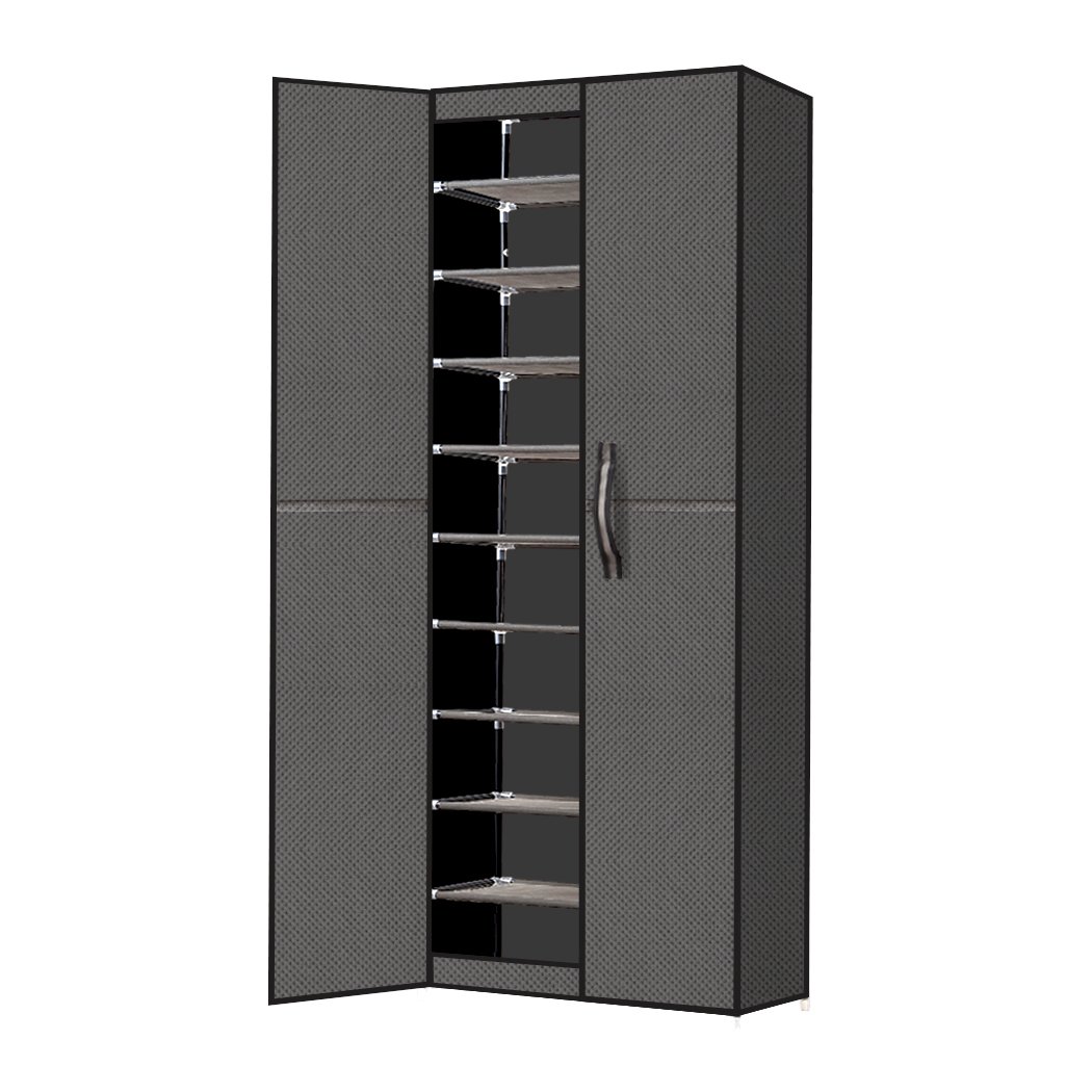 Levede 10 Tiers Shoe Rack in grey, showcasing its stackable design and magnetic doors, ideal for organizing shoes and clothes.