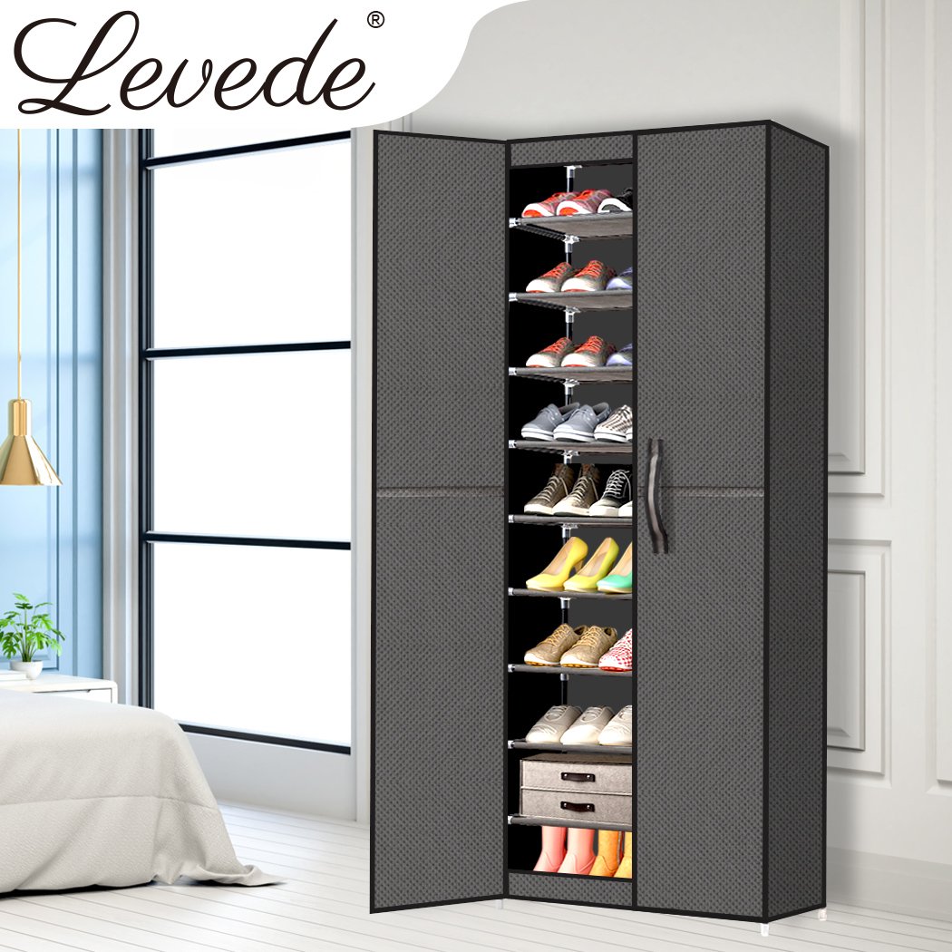 Levede 10 Tiers Shoe Rack in grey, showcasing its stackable design and magnetic doors, ideal for organizing shoes and clothes.