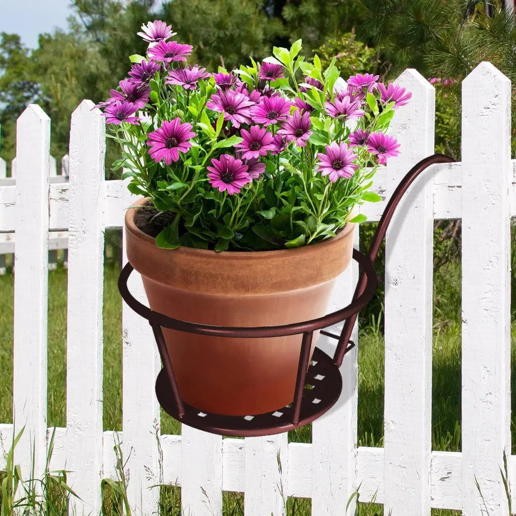 Levede Flower Holder Plant Stand showcasing a bronze steel frame with double hooks, designed for hanging pots in a garden setting.