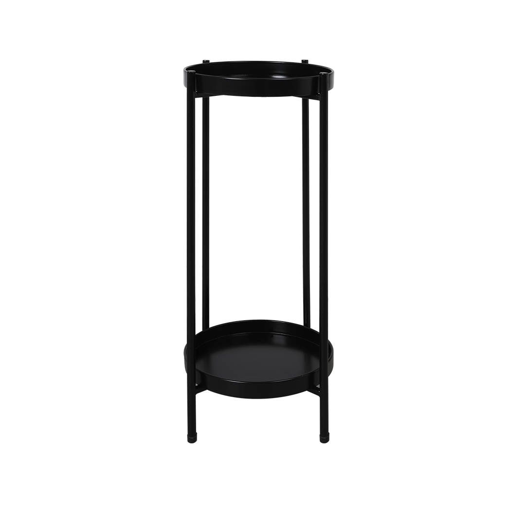 Levede 2 Tier Plant Stand showcasing black metal design with two tiers holding various flower pots, suitable for indoor and outdoor use.