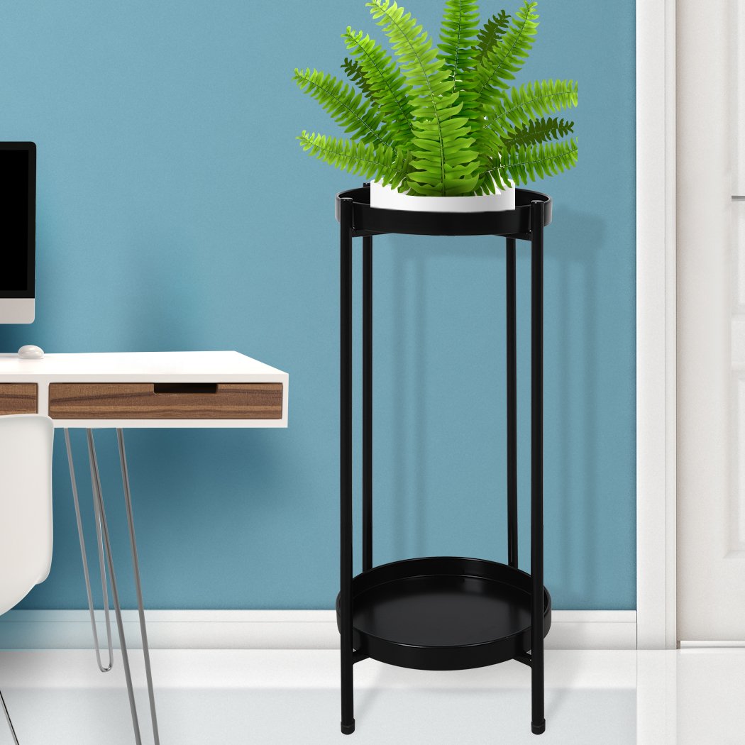 Levede 2 Tier Plant Stand showcasing black metal design with two tiers holding various flower pots, suitable for indoor and outdoor use.