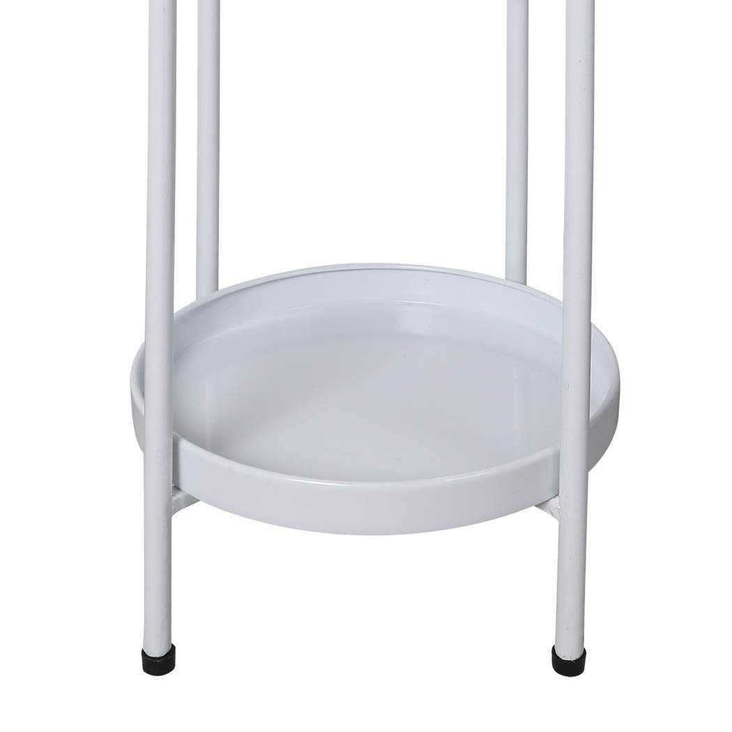 Levede 2 Tiers Plant Stand showcasing multiple flower pots in a garden setting, featuring a sleek white metal design.