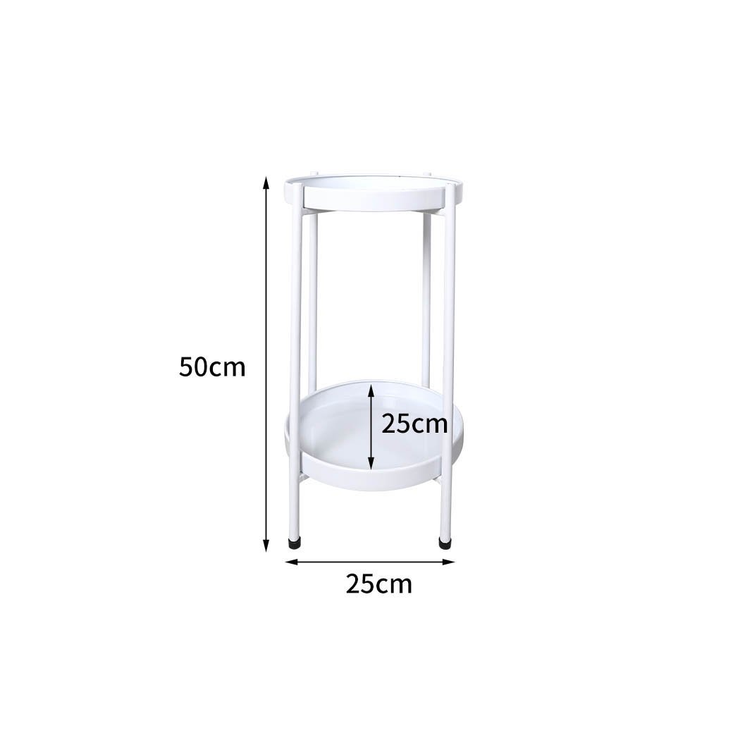 Levede 2 Tiers Plant Stand showcasing multiple flower pots in a garden setting, featuring a sleek white metal design.