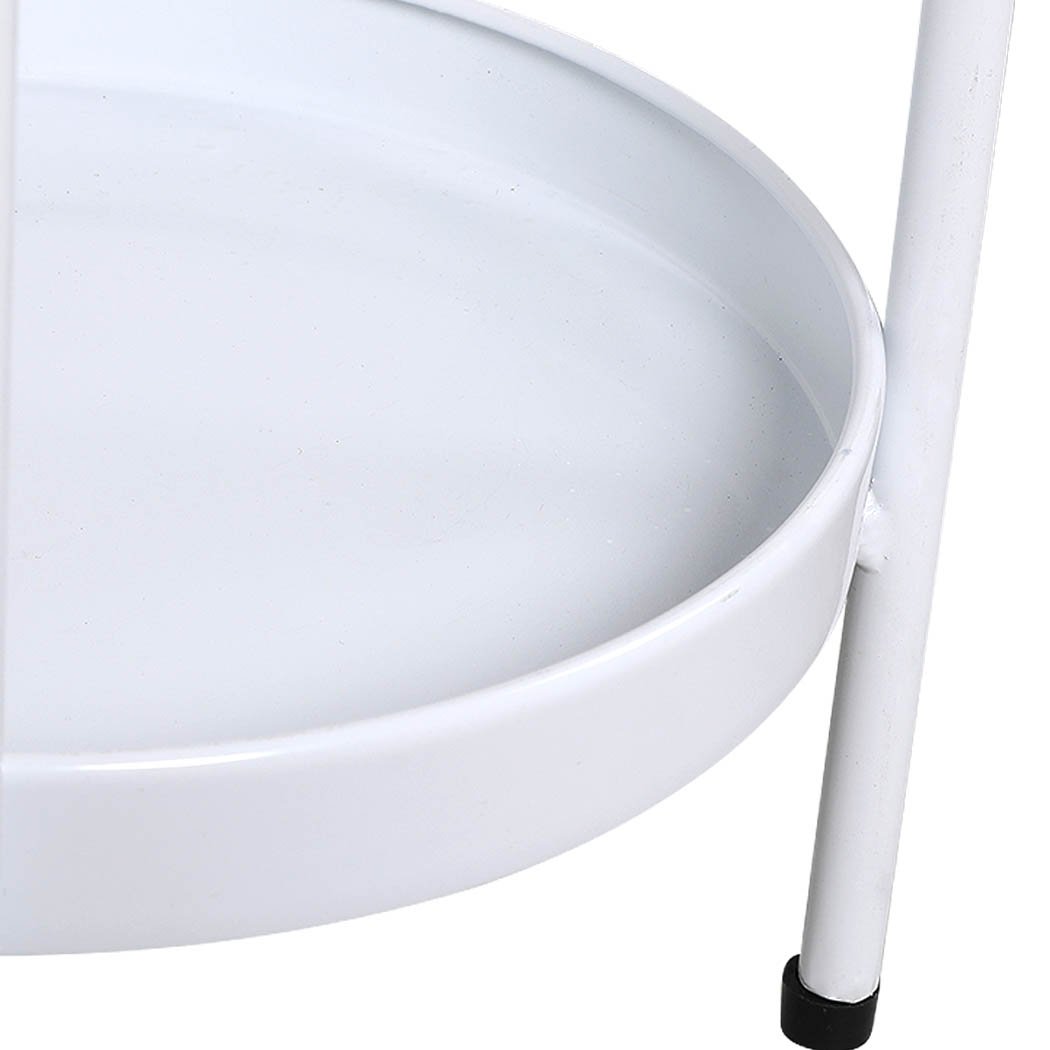 Levede 2 Tiers Plant Stand showcasing multiple flower pots in a garden setting, featuring a sleek white metal design.