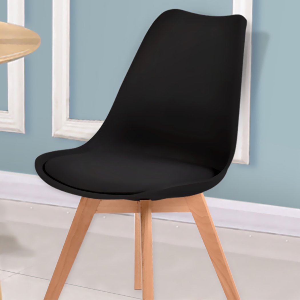 Levede 4x Retro Replica PU Leather Dining Chairs in black with wooden legs, showcasing minimalist design and premium quality.