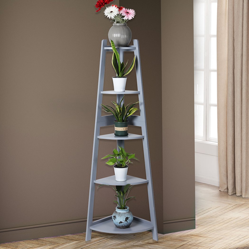 Levede 5 Tier Corner Shelf in grey, showcasing its elegant design and sturdy structure, perfect for home display and storage.