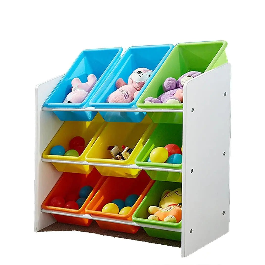 Levede 9 Bins Kids Toy Box Bookshelf Organiser with colorful sling-style shelves displaying books and toys.