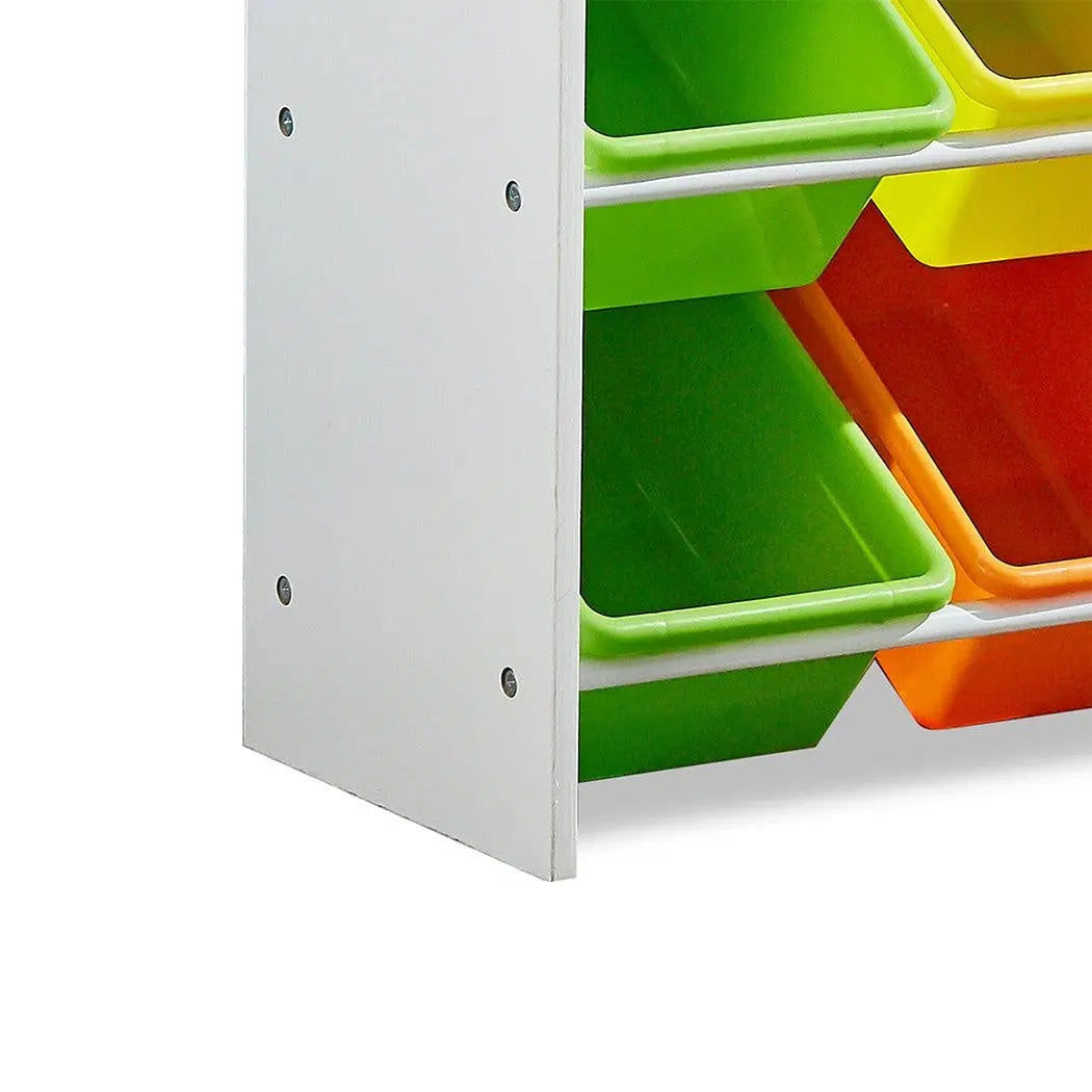 Levede 9 Bins Kids Toy Box Bookshelf Organiser with colorful sling-style shelves displaying books and toys.