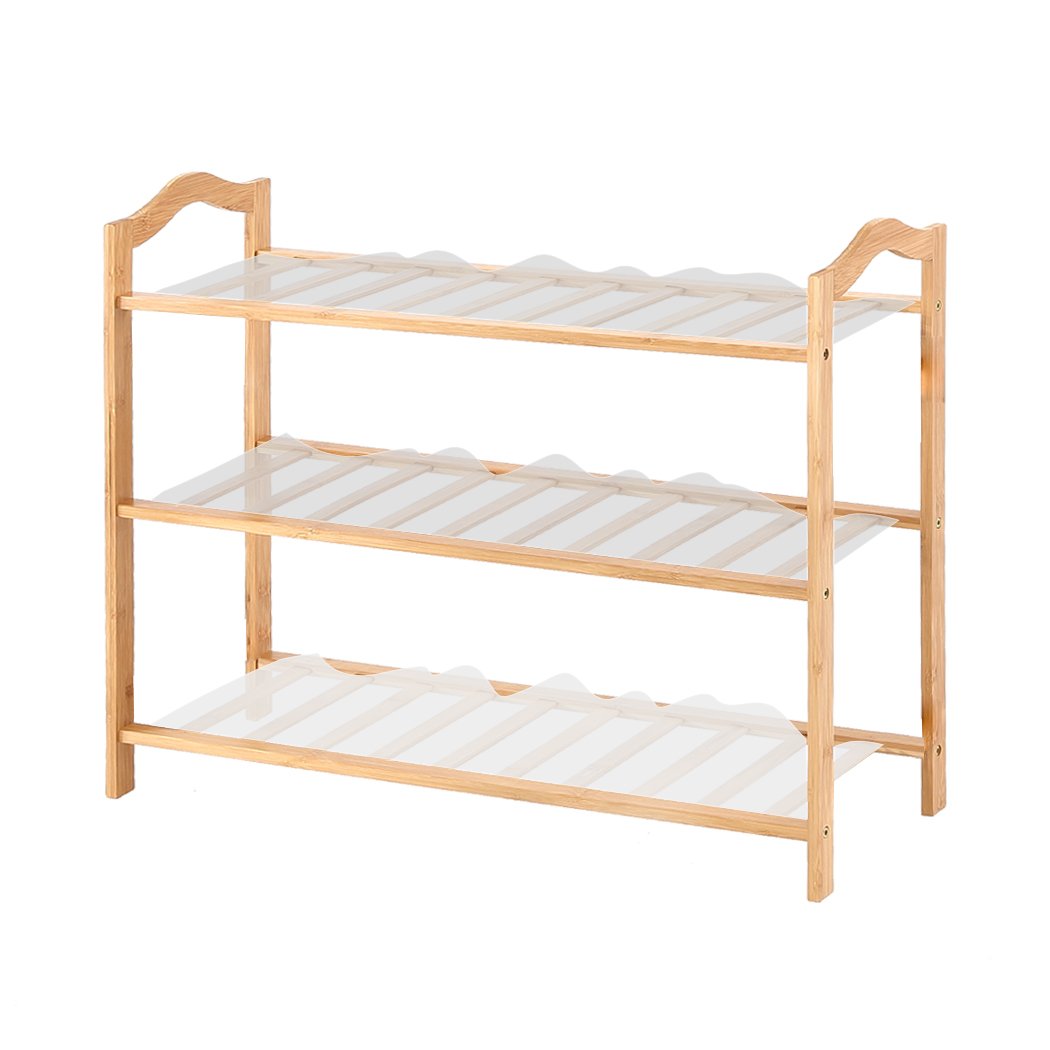 Levede Bamboo Shoe Rack with three tiers, showcasing natural bamboo finish and PVC mats for dust protection.