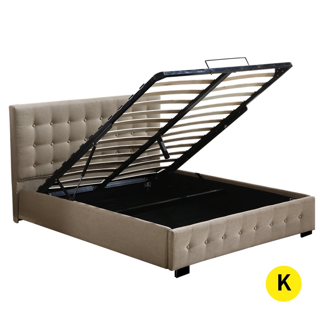 Levede King Size Bed Frame with Gas Lift in beige fabric, showcasing modern Scandinavian design and sturdy construction.
